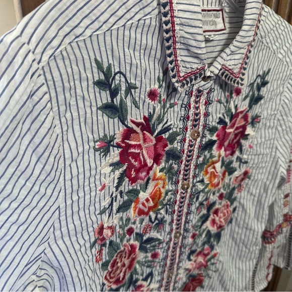 Johnny Was White Stripe Button-Down Shirt with Embroidery Arie Flute Sleeves - Picture 2 of 9